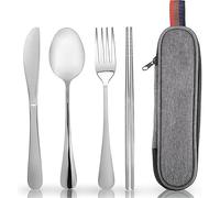HHZalvyre Stainless Steel Cutlery Set for 1 Person, Portable Travel Utensils with Case, 4-Piece Camping Set with Knife Fork Spoon & Metal Chopsticks, Reusable Silver Cutlery Set for Work Lunch