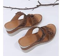 HHZY Ladies Faux Leather Flowers Rhinestone Peep Toe Slip on Low Wedge Backless Mules Summer Sandals Womens Beach Walking Slippers Shoes,Brown,US7/EU38