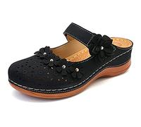 HHZY Mule Clogs Shoes for Women Summer PU Leather Flower Slip on Sandal Ladies Anti Slip Loafer Flat Garden Mules Closed Toe Backless Comfort Breathable Walking Slippers,Black,US8/EU39