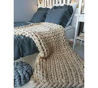 HHZY Ultra Soft Wool Blend Yarn Chunky Knit Blanket Hand Made Warm Throw Cozy Crochet Blanket Bed Chair Couch Yoga Mat Rug Home Decor,Khaki,200x200cm/78.7x78.8in