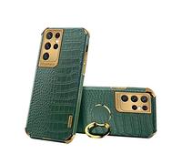 HHZYT Case for Samsung Galaxy S22 Ultra Crocodile Pattern Premium Leather Cover Shockproof Slim Plating Phone Case with Ring Stand Anti Scratch Business Protective Case,Green,For Samsung S22Ultra