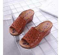 HHZYT Women's Open Toe Wedge Sandals Summer Clogs Mules Platform Loafer Slippers Ladies Flower Embroidered Slip on Sandals Backless Garden Beach Shoes,Brown,US5/EU36