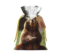 Hi Bear Sit on the lawn Christmas Drawstring Gift Bags with Tags, Xmas Gift Bags with Yellow Christmas Ribbon, Reusable Gift Wrapping Bag Fabric Goody Gift Sacks for Party Presents Decorations