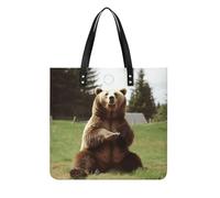 Hi Bear Sit on The Lawn Tote Bag for Women, Extra Large PU Leather Handbag, Soft Shoulder Bag for Work & Beach