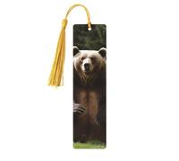Hi Bear Sit On The Lawn Wooden Bookmarks 5 Pcs,Handmade Double-Sided Printed Book Marks Page Markers with Gold Tassels Book Accessories Gift for Book Lovers Women Men