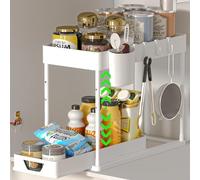 HI NINGER Under Sink Shelf Pull-Out Cabinet Organiser Under The Sink, 2-Tier Cabinet Organiser Kitchen with 4 Hooks and 1 Hanging Cup, Lifting Sink Shelf for Kitchens