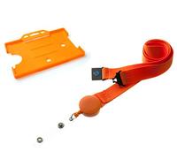 Hi Quality 20mm Lanyard with Integrated Retractable Badge Reel & Matching Single Card Holder (Orange)