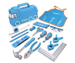 Hi-Spec 17pc Kids Tool Kit with Blue Truck Box, Kids Apron with Pockets, Level & REAL Small Hand Tools, Safety Scissors DIY Construction Educational Set. Gift for Boys