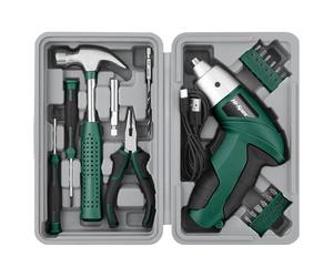 Hi-Spec 19pc 3.6V Green USB Cordless Rechargeable Electric Power Screwdriver & Home DIY Tool Kit Set with Compact Hand Tool Box