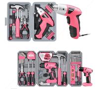 Hi-Spec 19pc 3.6V Pink USB Small Power Screwdriver & Home DIY Tool Kit Set and Hi-Spec 57pc Pink Tool Kit with 8V USB Cordless Electric Screwdriver