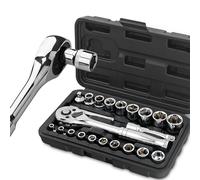 Hi-Spec 22-Piece Metric Socket Set 1/4” & 3/8” Drive with Reversible Ratchet, Extension Bar, Adaptor & Ratcheting Wrench in Compact Carry Case