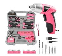 Hi-Spec 27 Pc Electric Screwdriver Pink 3.6V with 23 Drill Bits Set and Hi-Spec Pink Tool Kit for Women, 38-Piece Essential Hand Tool Box