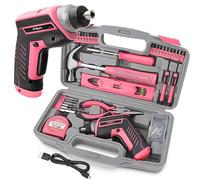 Hi-Spec 35pc Pink Compact Home Womans Tool Kit Set with 3.6V USB Electric Power Cordless Screwdriver. Starter Basic Ladies Tools for Household DIY Repairs in a Small Toolbox