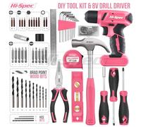 Hi-Spec 57pc Pink Tool Kit with 8V USB Cordless Electric Screwdriver and Hi-Spec 57pc Red 8V Electric Drill Set & Household Kit