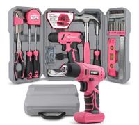 Hi-Spec 8V Cordless Drill Driver & Household Tool Kit for Repairs, Pink