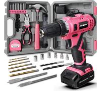 Hi-Spec Tools 12V Pink Cordless Power Drill With Drill Bits And Screwdriver Hand Tool Set 30Pc