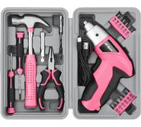 Hi-Spec 19pc 3.6V Pink USB Small Power Screwdriver & Home DIY Tool Kit Set. Cordless & Rechargeable Electric Screwdriver and Compact Hand Tool Box Set