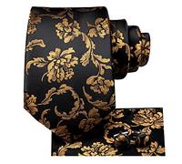 Hi-Tie 63‘’ 70‘’ Ties for Men Silk Extra Long Mens Ties Set and Pocket Square Cufflinks Paisley Necktie Business Wedding, 70'' Black Gold Floral, XL