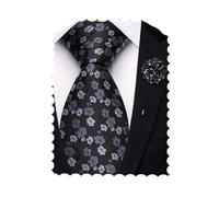 Hi-Tie 63'' Silver Black Extra Long Ties for Men Silk Mens Floral Ties and Flower Lapel Pin Set Dress Necktie for Business