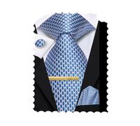 Hi-Tie 70'' Blue Ties for Men Silk Extra Long Mens Ties Set Geometric Necktie and Pocket Square Cufflinks for Wedding