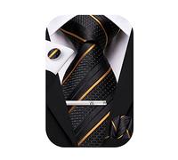 Hi-Tie Black and Gold Ties for Men Silk Mens Tie and Pocket Square Cufflink Clip Pin Set 4 PC Formal Necktie for Business