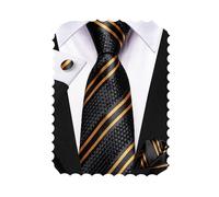 Hi-Tie Black Burnt Orange Kids School Tie Silk Self-Tied Striped Ties for Boy 8-10 Boys Necktie Pocket Square for School