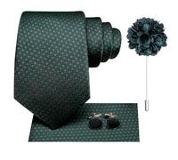 Hi-Tie Black Green Ties for Men Silk Mens Tie Geometric Necktie Pocket Square Cufflinks Flower Lapel Pin Set for Business