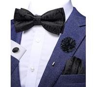 Hi-Tie Black Mens Bow Tie Set Silk Pre-tied Bow Ties for Men Clip On Adjustable Bowtie Flower Pin Hanky Cufflinks Set