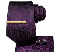 Hi-Tie Black Purple Long Ties for Big and Tall Men 70'' Silk Stripe Business Mens Tie 3PCS Necktie Clip Pin Pocket Square