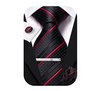 Hi-Tie Black Red Ties for Men Silk Mens Ties Pocket Square Cufflinks Clip Pin Set 4 PC Formal Stripe Necktie for Business
