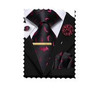 Hi-Tie Black Red Ties for Men Silk Novelty Halloween Bat Necktie and Flower Lapel Clip Pin Hanky Cufflink Set Dress Ties