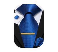 Hi-Tie Blue Plaid Mens Tie and Pocket Square Gold Tie Clip Cufflinks Formal Woven Silk Necktie Sets Wedding Party