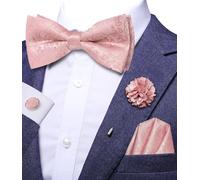 Hi-Tie Blush Pink Mens Bow Tie Set Silk Pre-tied Bowtie for Men Clip On Adjustable Paisley Bow Tie Flower Lapel Pin Hanky