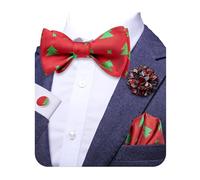Hi-Tie Bow Ties for Men Silk Christmas Self-tied Bowtie and Flower Lapel Pin Pocket Square Cufflinks Set in Gift Box,Red Green