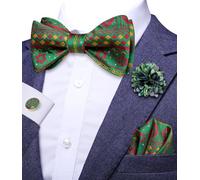 Hi-Tie Bow Ties for Men Silk Christmas Self-tied Bowtie and Flower Lapel Pin Pocket Square Cufflinks Set in Gift Box,Green Red Yellow