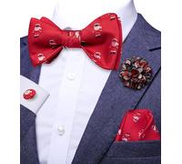 Hi-Tie Bow Ties for Men Silk Christmas Self-tied Bowtie and Flower Lapel Pin Pocket Square Cufflinks Set in Gift Box,Red