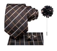 Hi-Tie Brown Ties for Men Silk Mens Plaid Checks Tie Necktie Pocket Square Cufflinks Flower Lapel Pin Set for Business