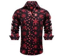 Hi-Tie Christmas Shirts for Men UK Silk Long Sleeve Mens Shirts Button Down Dress Shirts Black White Red Casual Shirt, Black Red A