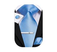 Hi-Tie Classic Mens Silk Ties Set 4 PCS Necktie Pocket Square Cufflinks Clip Pin Solid Strip Paisley Tie,Baby Blue
