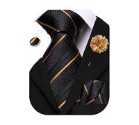 Hi-Tie Classic Mens Tie Flower Lapel Pin Set Silk Woven Necktie Pocket Square Cufflinks Red Pink Gold Blue Wedding Tie,Black Gold A