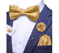 Hi-Tie Dark Gold Bow Ties for Men Silk Pre-tied Clip On Men's Bow Tie Adjustable Bowtie Flower Pin Pocket Square Cufflinks