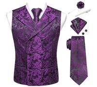 Hi-Tie Double Breasted Suit Vest Men Paisley Floral Waistcoat Tie Lapel Pin Handkerchief Cufflinks Tie Clip Suit Tuxedo 6PCS, Dark Purple Floral, Medium