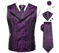 Hi-Tie Double Breasted Suit Vest Men Paisley Floral Waistcoat Tie Lapel Pin Handkerchief Cufflinks Tie Clip Suit Tuxedo 6PCS, Purple Black Paisley, S