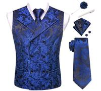 Hi-Tie Double Breasted Suit Vest Men Paisley Floral Waistcoat Tie Lapel Pin Handkerchief Cufflinks Tie Clip Suit Tuxedo 6PCS, Dark Blue Floral, Medium