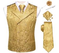 Hi-Tie Double Breasted Suit Vest Men Paisley Floral Waistcoat Tie Lapel Pin Handkerchief Cufflinks Tie Clip Suit Tuxedo 6PCS, Gold Floral, XXL