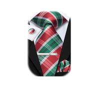 Hi-Tie Green Red Mens Ties Silk Plaid Ties for Men 4 PCS Necktie and Pocket Square Cufflinks Clip Pin Set for Wedding
