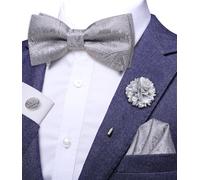 Hi-Tie Grey Men's Bow Tie Set Silk Pre-tied Bow Ties for Men Clip On Mens Adjustable Bowtie Flower Pin Hanky Cufflinks Set