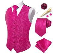 Hi-Tie Hot Pink Formal Mens Waistcoat Paisley Formal Suit Vest Silk Jacquard Tie Pocket Square Set for Wedding Tuxedo