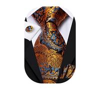Hi-Tie Men 63inches Tie Set Extra Long Necktie Paisley Tie Pocket Suqare Cufflinks Big and Tall Men Tie, Gold Orange, M