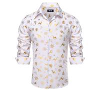 Hi-Tie Men's 4-Way Stretch Christmas Shirts White Gold Long Sleeve Button Down Slim Fit Casual XMS Dress Shirts for Men